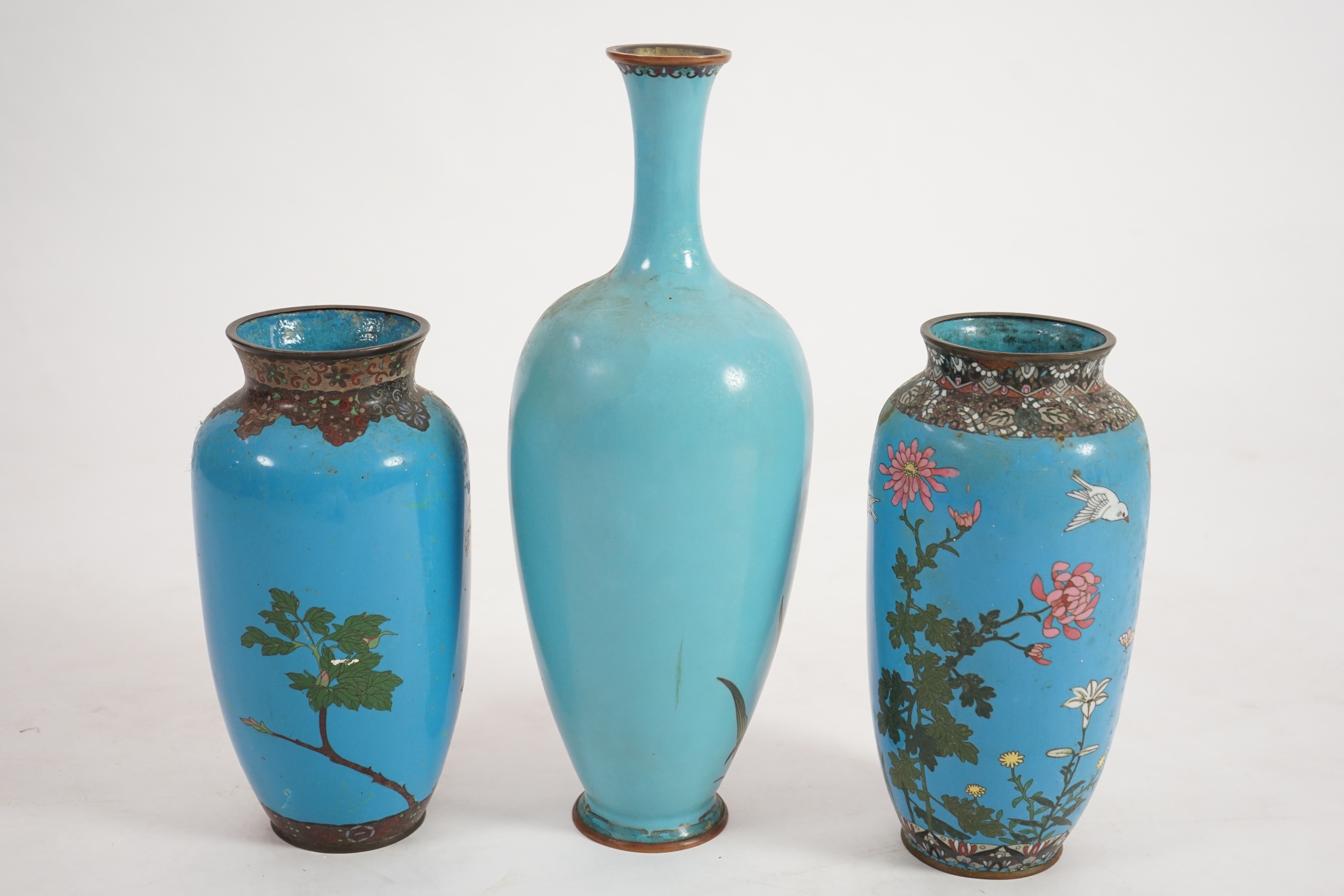 Three Japanese cloisonné vase, late Meiji period